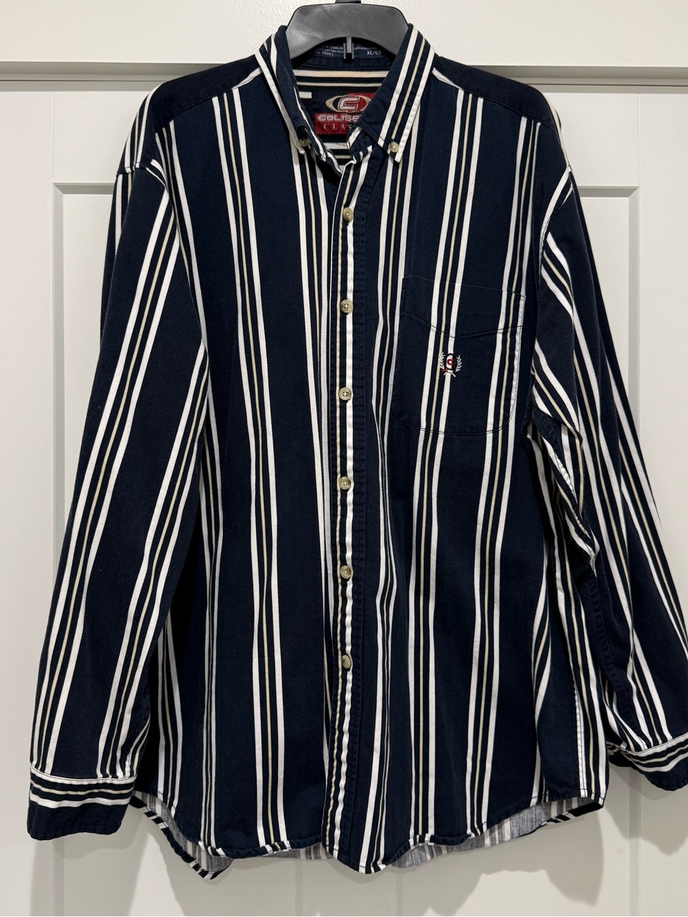 Vintage Coliseum Classic Dark Blue White Striped Long Sleeve Button Up Men's XL